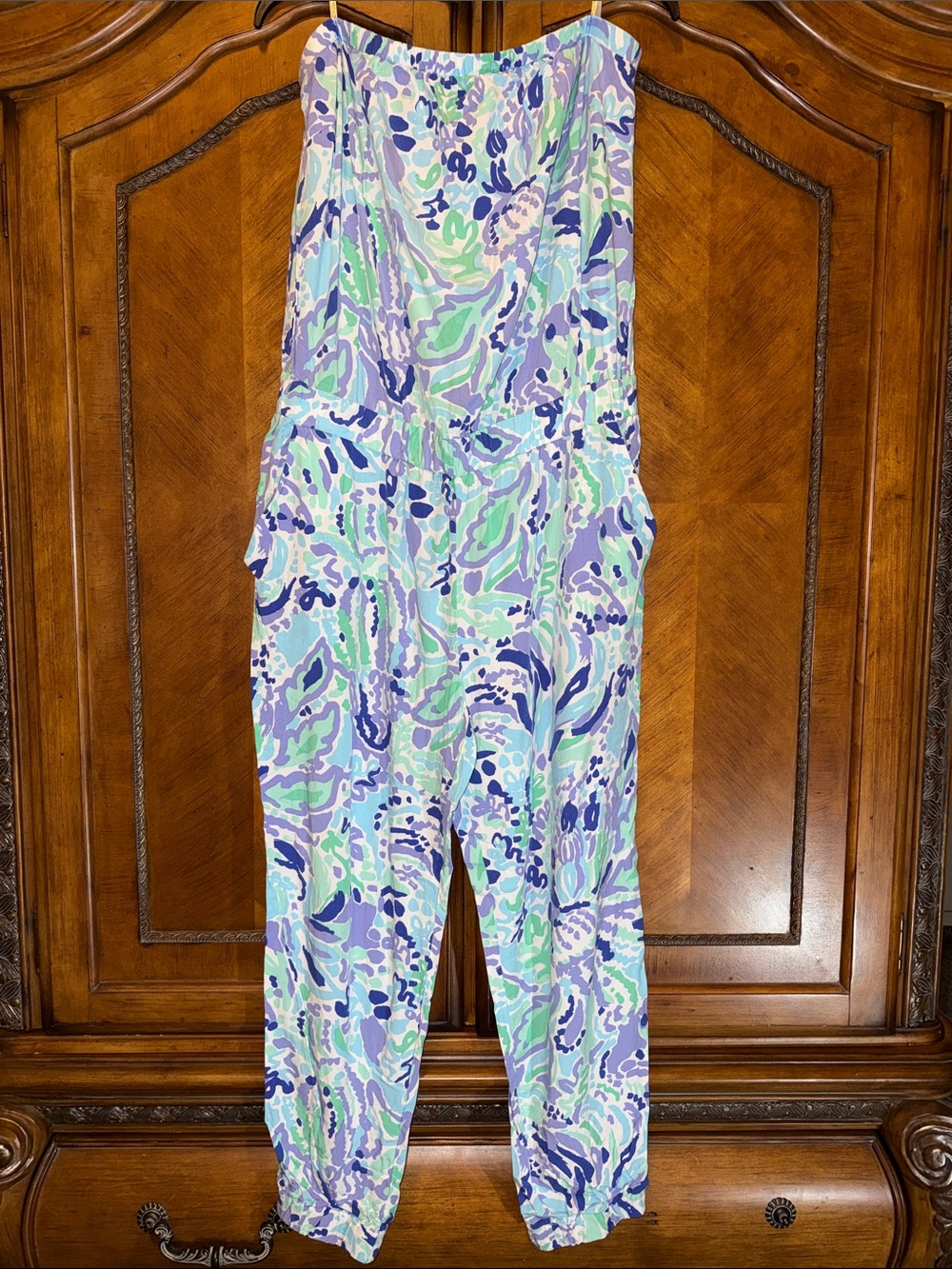 Lilly Pulitzer Pastel Purple, Mint & Navy Printed Strapless Jumpsuit